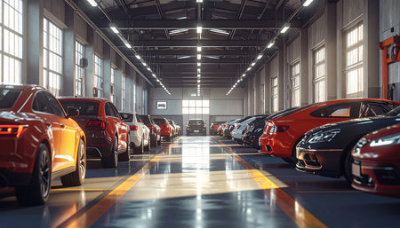 Car parking lot with red and black cars. 3d rendering.の素材