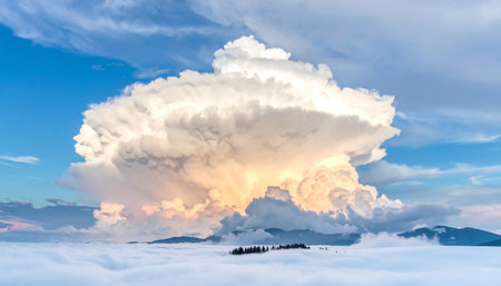 Panoramic view of the clouds in the mountains at sunset.の素材