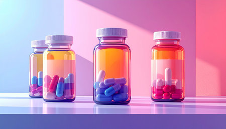 Colorful pills in bottles on pink and blue background. 3D renderingの素材