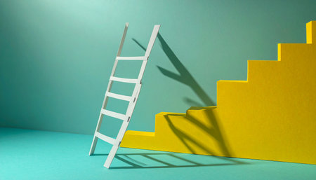 Steps to success concept with ladder on blue background. 3D renderingの素材