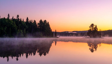 Foggy morning on the lake in the mountains, Finland.の素材