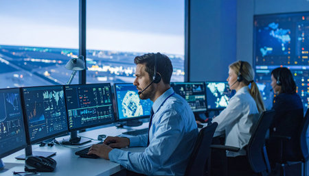 Business people wearing headset working actively in modern office. Call center, telemarketing, customer support agent provide service on telephone video conference call.の素材