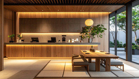 Interior of a japanese style living room with wooden furnitureの素材