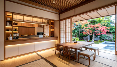 Interior of a modern dining room in a Japanese style house.の素材
