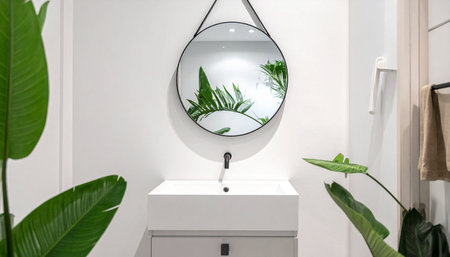 Interior of a modern bathroom with a mirror and a green plantの素材