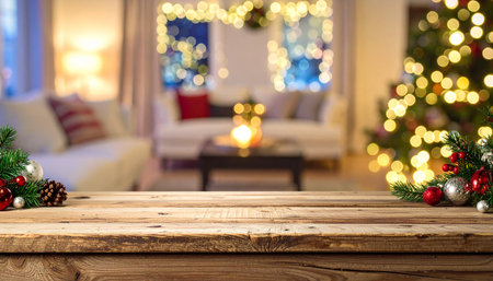 Wooden table in front of blurred living room with christmas treeの素材