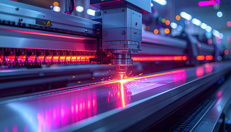 The CNC milling machine cutting the plastic part with the sparking light. The hi-technology manufacturing process.の素材