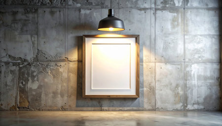 3d rendering of a blank picture frame hanging on a concrete wallの素材