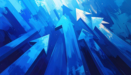 Blue arrows pointing up on a blue background. 3d illustration.の素材