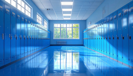 3d render of school locker room interior with blue wall and reflectionの素材