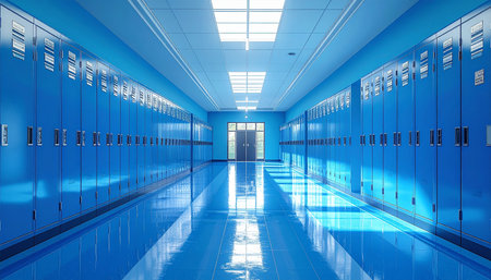 Blue lockers in the school corridor. 3d render image.の素材