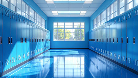 3D render of a school corridor with blue lockers and windowsの素材