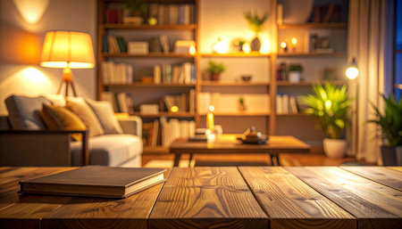 Wooden table top on blurred background of living room interior with book.の素材