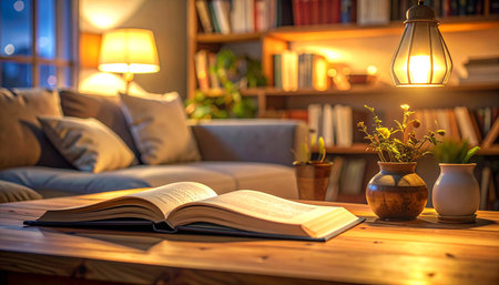 Book on a table in a cozy living room with a lamp.の素材