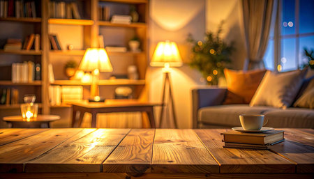 Coffee cup and books on wooden table in cozy living roomの素材