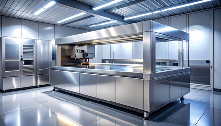 Kitchen interior with stainless steel countertop and stainless steel cupboardsの素材