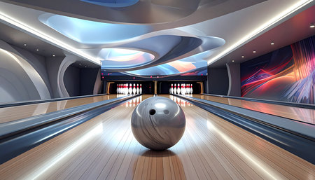 Bowling interior with bowling ball and skittles, 3d renderの素材