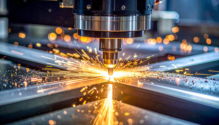 The CNC milling machine cutting the metal with the sparking light. The hi-technology automotive parts manufacturing process by CNC laser.の素材