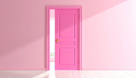 3D rendering of a pink door in a room with white wooden floorの素材