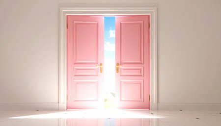 Open door in the white room with blue sky. 3D renderingの素材