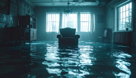 The interior of an old house flooded with water. The concept of domestic violence.の素材