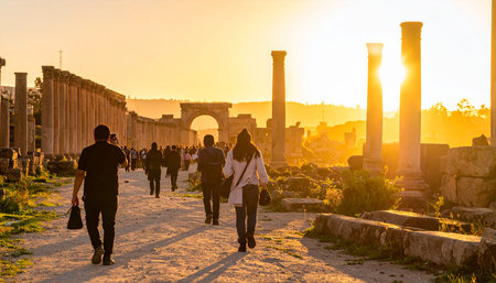 Roman ruins in Jerash, Jordan at sunset. Jerash is the capital and largest city of Jordan.の素材