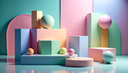 3d render, abstract background, geometric shapes, pastel colors, podiums for product displayの素材
