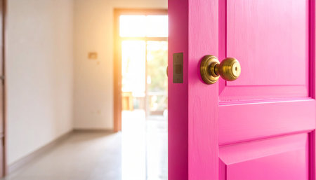 Doorknob on pink door with sunlight in the morning, interior design conceptの素材
