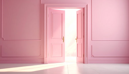 Interior of empty room with pink wall and open door - renderingの素材