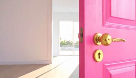 Open pink door with golden doorknob. 3d render illustrationの素材