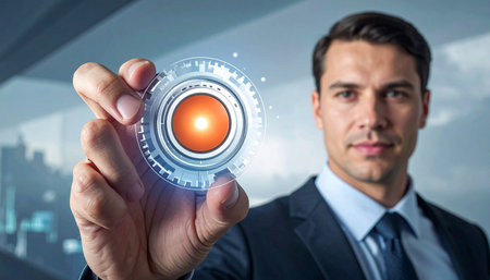View of a Businessman holding a futuristic interface button - 3d renderingの素材