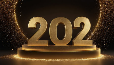 2022 golden number on black background. Happy New Year concept. 3D Renderingの素材