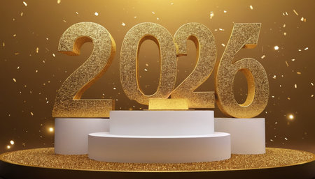 Happy New Year 2016 with golden podium, 3d render, holiday backgroundの素材
