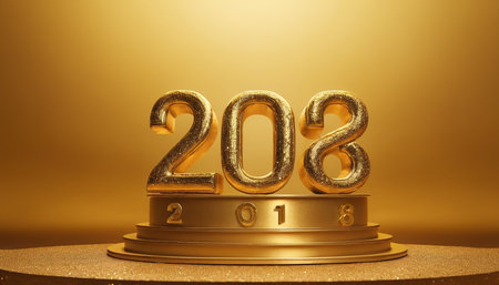 New Year 2018 on golden podium. 3D illustration. Toned.の素材