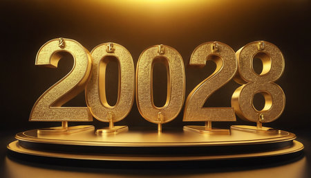 Happy New Year 2018. Golden numbers on podium. 3D renderingの素材