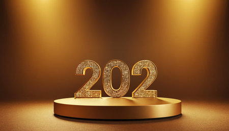 2022 Happy New Year gold text on golden podium. 3D renderingの素材