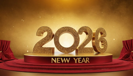 New Year 2016 on golden podium with red curtains, 3D renderingの素材