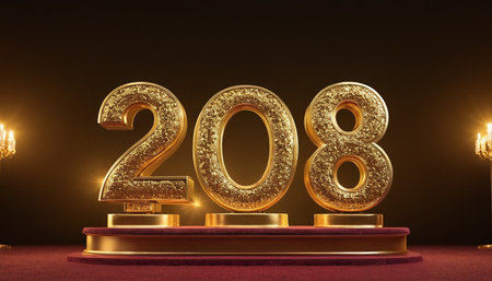 Happy New Year 2018. Gold numbers on the podium. 3D renderingの素材