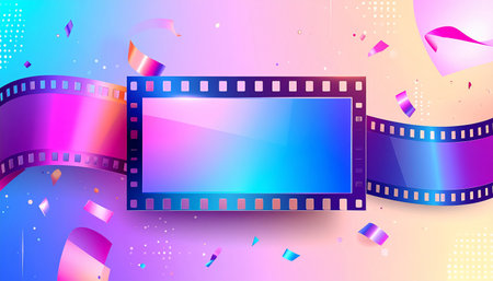 Colorful film strip with confetti on gradient background. Vector illustration.の素材