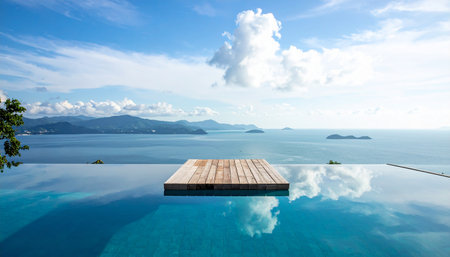 Wooden pier in swimming pool with sea and blue sky background.の素材