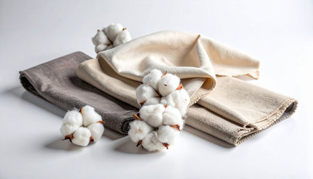 Cotton towels and cotton flowers on white background, close-upの素材