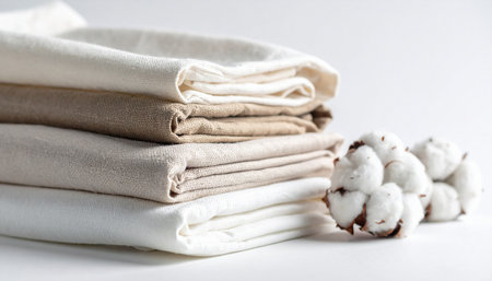 Stack of clean towels and cotton flowers on white background, closeupの素材