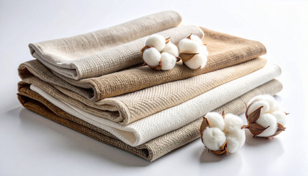 Stack of cotton towels and cotton flowers on white background, closeupの素材