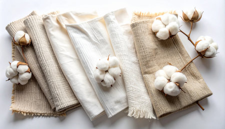 Cotton towels and cotton flowers on a white background, top viewの素材