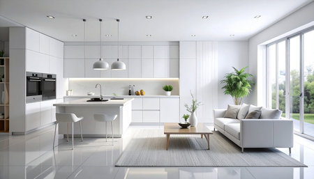 3d Illustration of white modern kitchen in a house with a beautiful designの素材