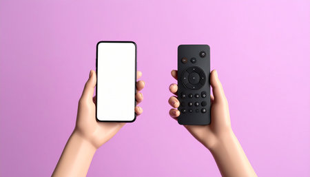 Female hands holding smartphone with blank screen on purple background, top viewの素材