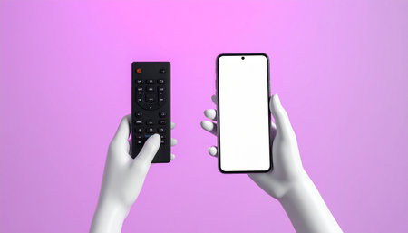White mannequin hands holding a smartphone and a remote control on a purple backgroundの素材