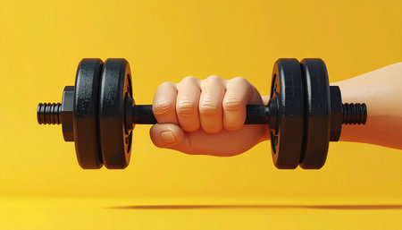 Hand holding a dumbbell on a yellow background. 3d illustrationの素材