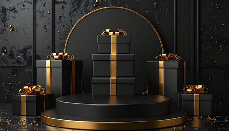 Black podium with gift boxes and gold ribbons, 3d renderの素材