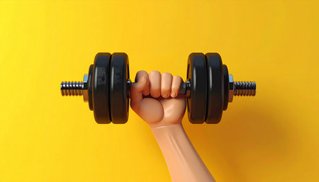 Hand with dumbbells on yellow background. 3d illustration.の素材
